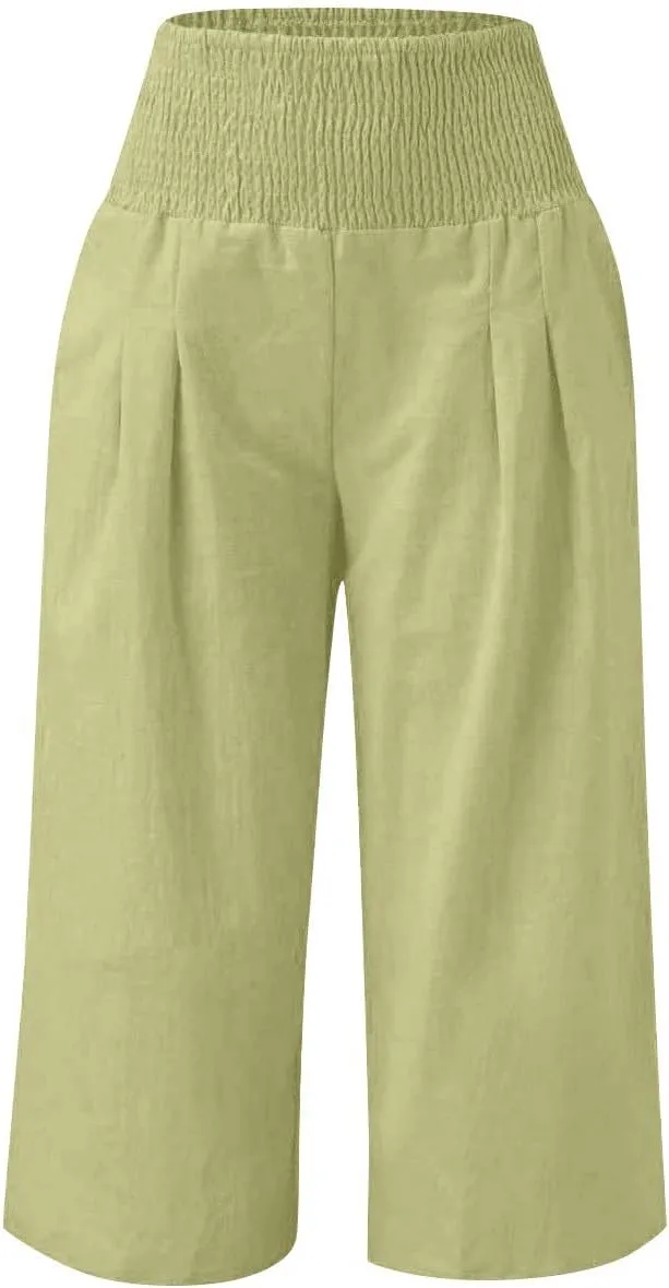 Linen Capris for Girls Summer Casual Palazzo Smocked High Waist Wide Leg Capris Travel Vacation Pants with Pockets