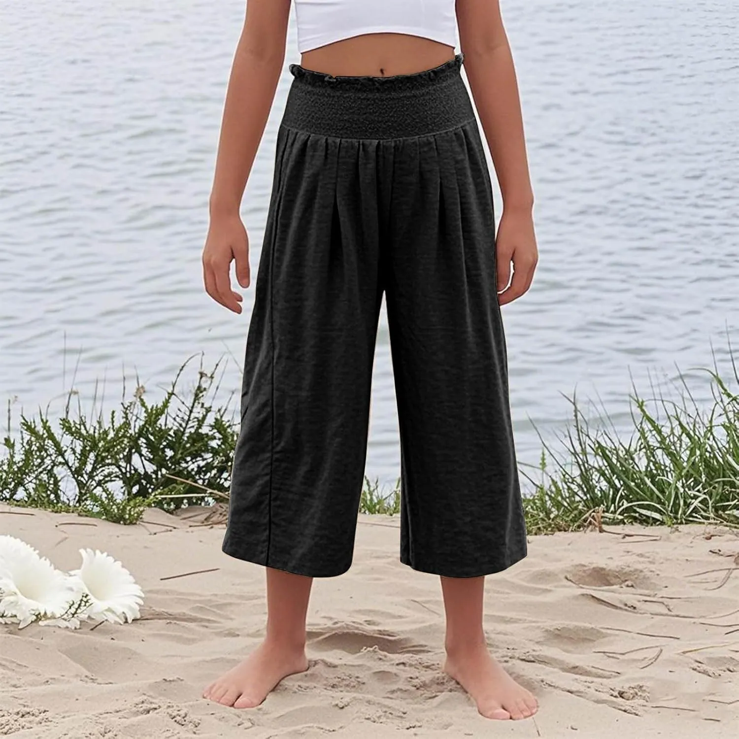 Linen Capris for Girls Summer Casual Palazzo Smocked High Waist Wide Leg Capris Travel Vacation Pants with Pockets