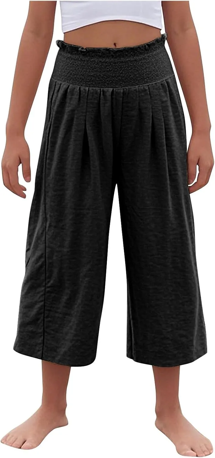 Linen Capris for Girls Summer Casual Palazzo Smocked High Waist Wide Leg Capris Travel Vacation Pants with Pockets