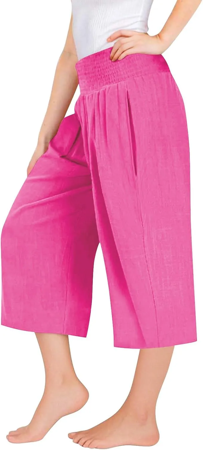 Linen Capris for Girls Summer Casual Palazzo Smocked High Waist Wide Leg Capris Travel Vacation Pants with Pockets