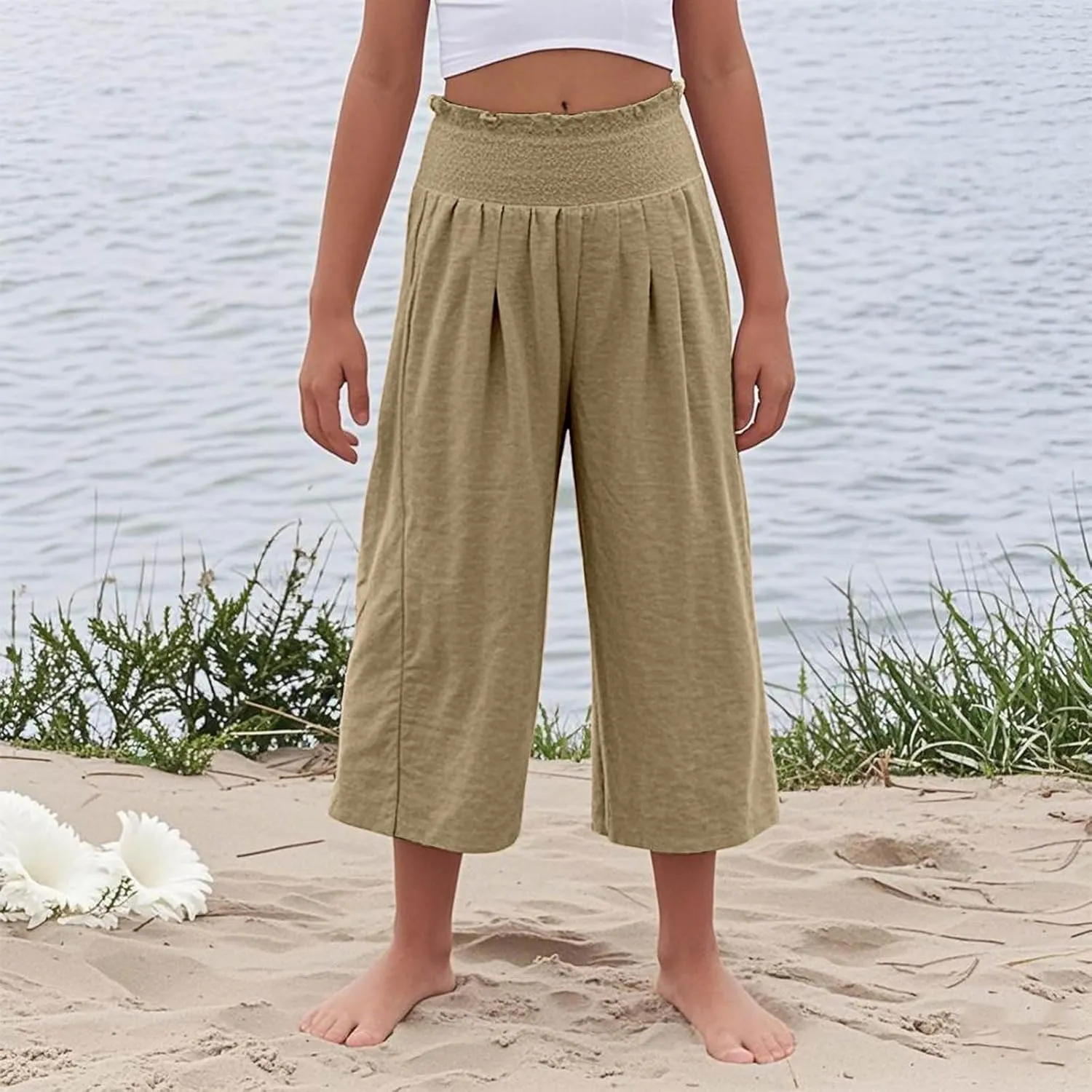 Linen Capris for Girls Summer Casual Palazzo Smocked High Waist Wide Leg Capris Travel Vacation Pants with Pockets