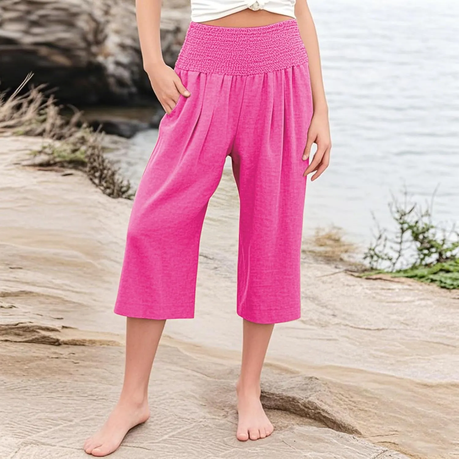 Linen Capris for Girls Summer Casual Palazzo Smocked High Waist Wide Leg Capris Travel Vacation Pants with Pockets