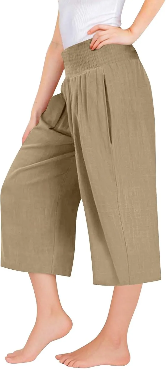 Linen Capris for Girls Summer Casual Palazzo Smocked High Waist Wide Leg Capris Travel Vacation Pants with Pockets