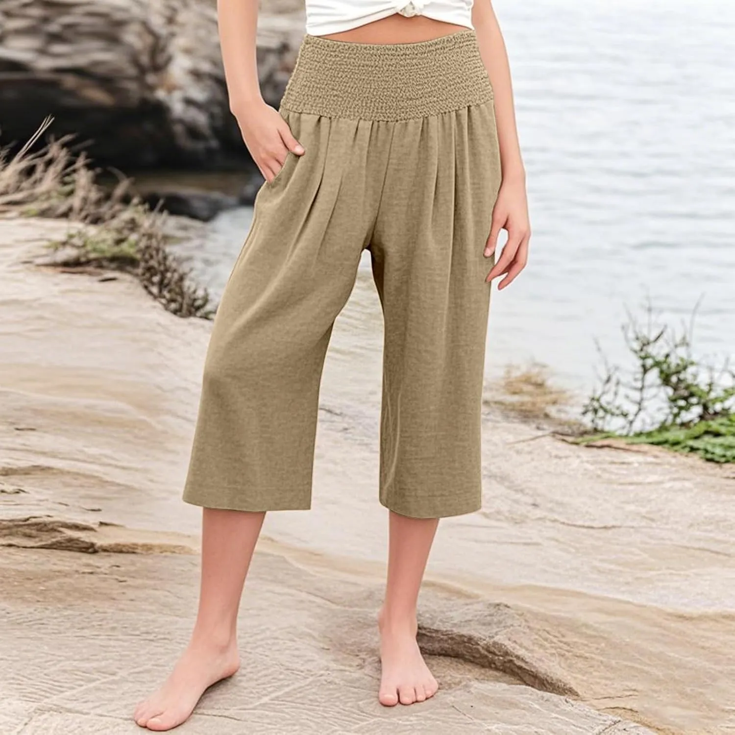 Linen Capris for Girls Summer Casual Palazzo Smocked High Waist Wide Leg Capris Travel Vacation Pants with Pockets