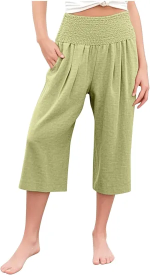Linen Capris for Girls Summer Casual Palazzo Smocked High Waist Wide Leg Capris Travel Vacation Pants with Pockets