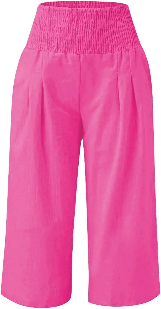 Linen Capris for Girls Summer Casual Palazzo Smocked High Waist Wide Leg Capris Travel Vacation Pants with Pockets