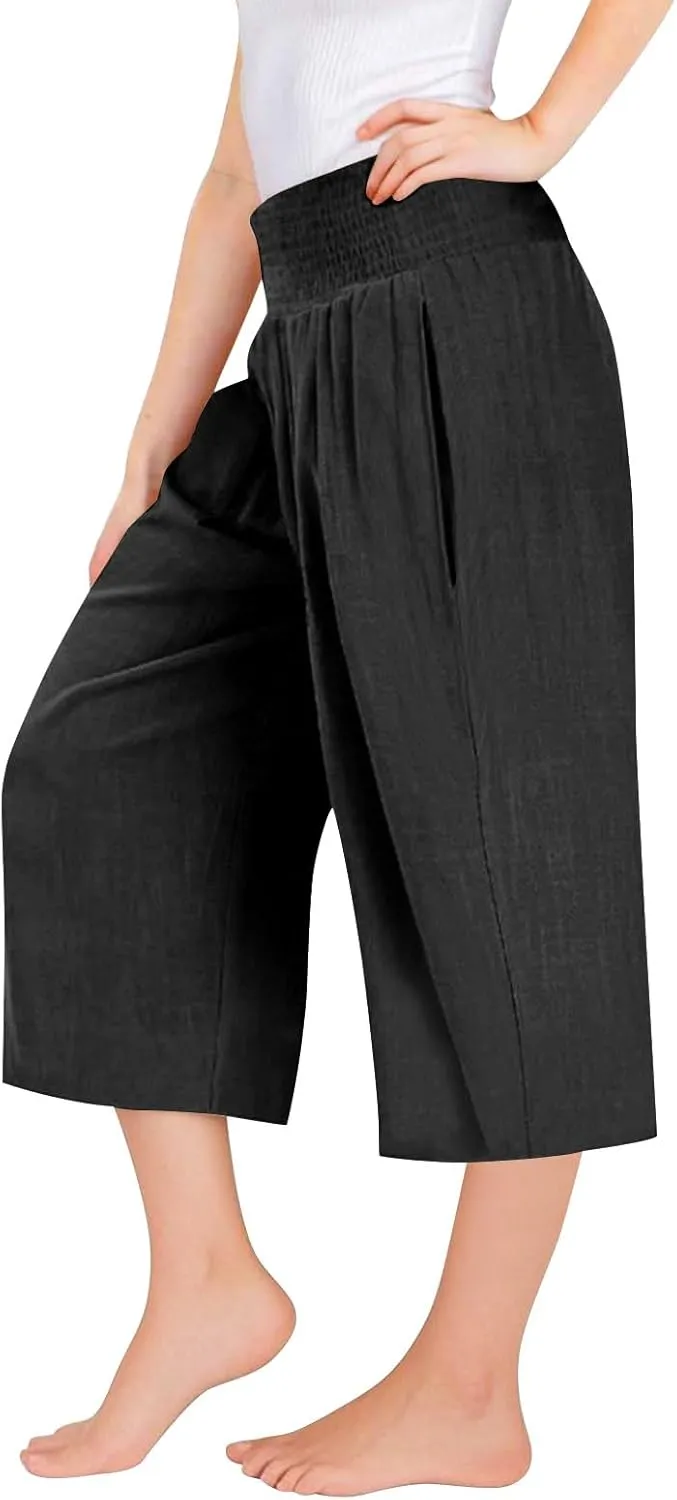 Linen Capris for Girls Summer Casual Palazzo Smocked High Waist Wide Leg Capris Travel Vacation Pants with Pockets