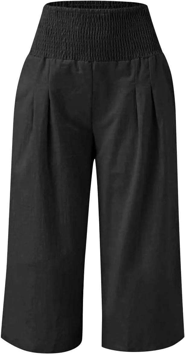 Linen Capris for Girls Summer Casual Palazzo Smocked High Waist Wide Leg Capris Travel Vacation Pants with Pockets