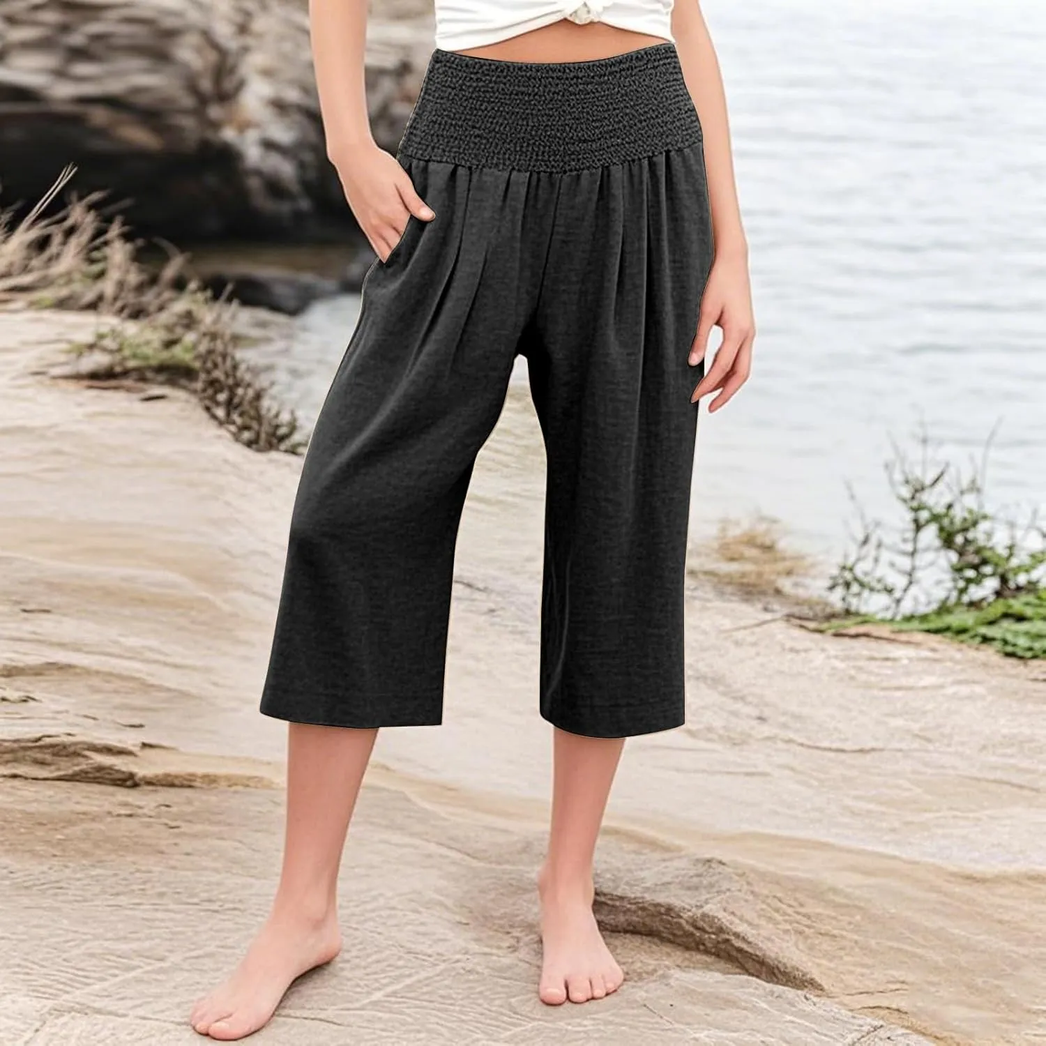 Linen Capris for Girls Summer Casual Palazzo Smocked High Waist Wide Leg Capris Travel Vacation Pants with Pockets