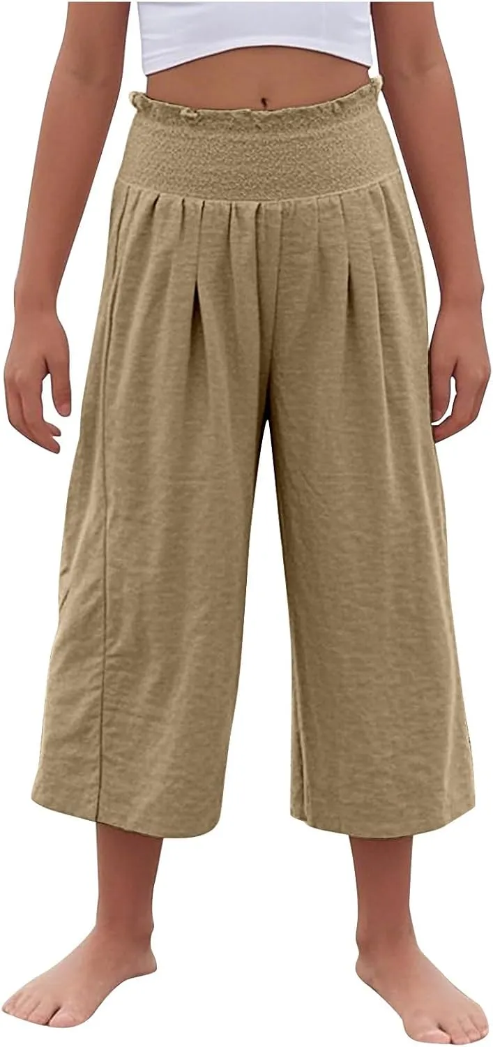 Linen Capris for Girls Summer Casual Palazzo Smocked High Waist Wide Leg Capris Travel Vacation Pants with Pockets