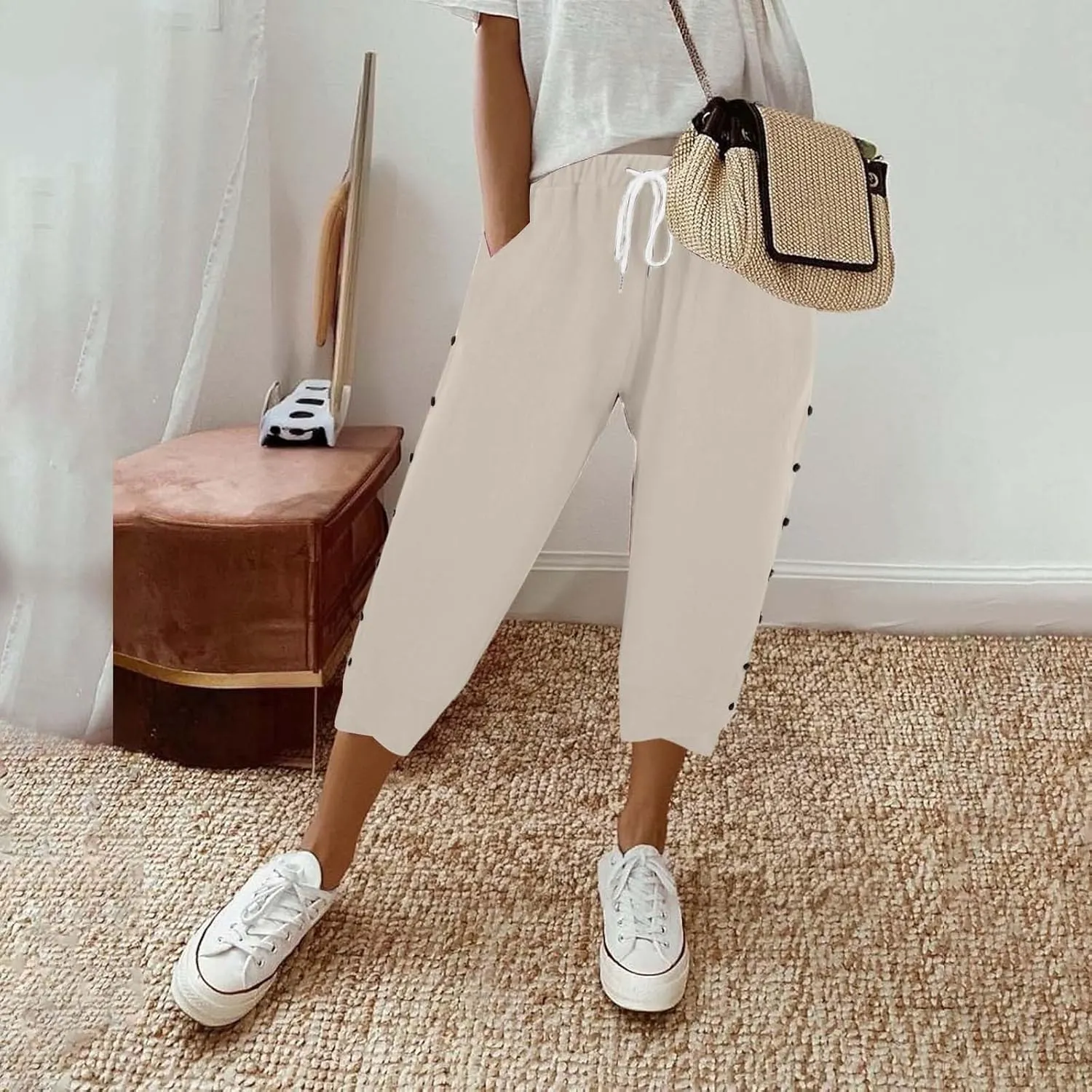 Linen Pants for Women 2025 Summer High Waist Elastic Straight Leg Lounge Pant Casual Loose Buttons Beach Trousers