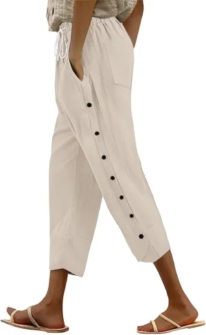 Linen Pants for Women 2025 Summer High Waist Elastic Straight Leg Lounge Pant Casual Loose Buttons Beach Trousers