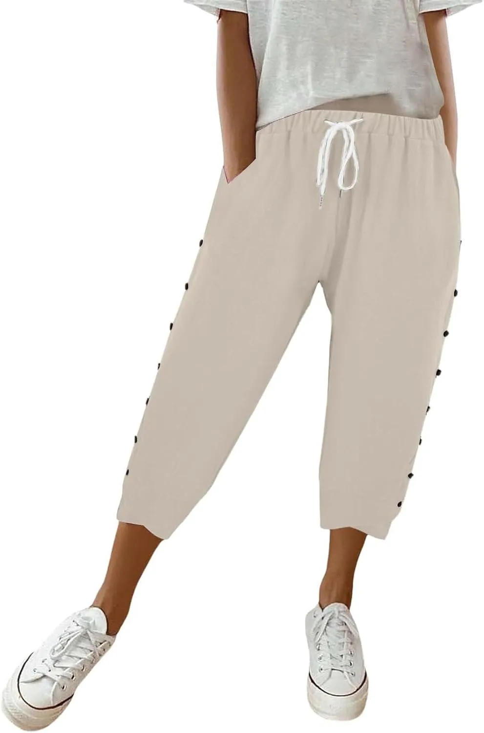 Linen Pants for Women 2025 Summer High Waist Elastic Straight Leg Lounge Pant Casual Loose Buttons Beach Trousers