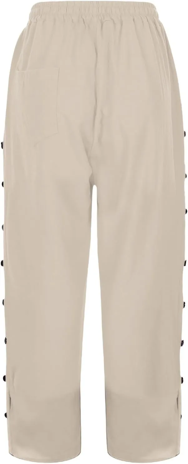 Linen Pants for Women 2025 Summer High Waist Elastic Straight Leg Lounge Pant Casual Loose Buttons Beach Trousers