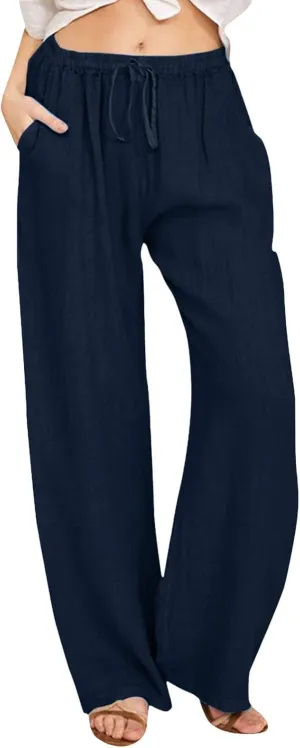 Linen Pants for Women High Waisted Pant Summer Lightweight Cotton Pants Beach Flowy Drawstring Trousers with Pocket