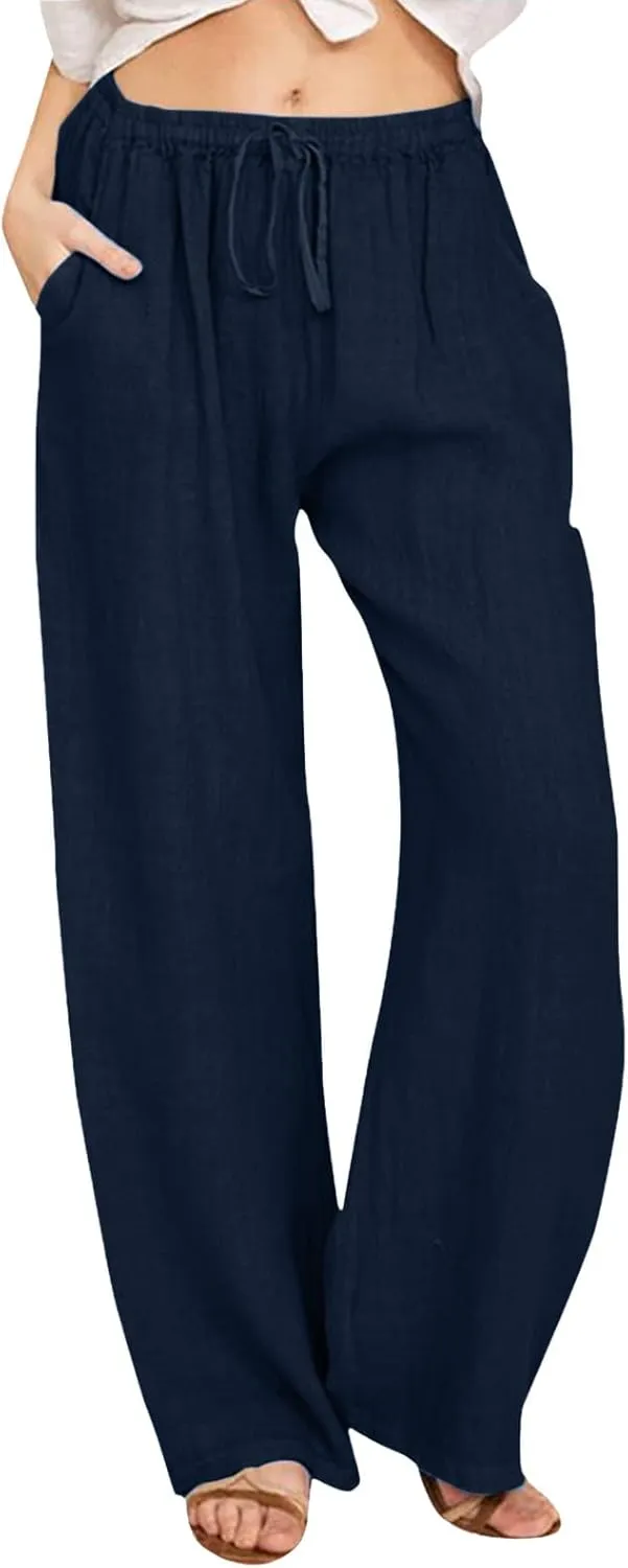 Linen Pants for Women High Waisted Pant Summer Lightweight Cotton Pants Beach Flowy Drawstring Trousers with Pocket