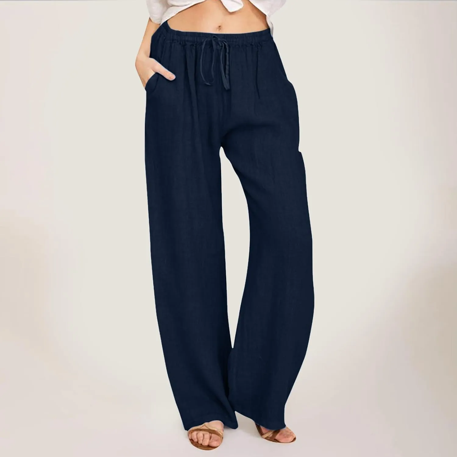 Linen Pants for Women High Waisted Pant Summer Lightweight Cotton Pants Beach Flowy Drawstring Trousers with Pocket