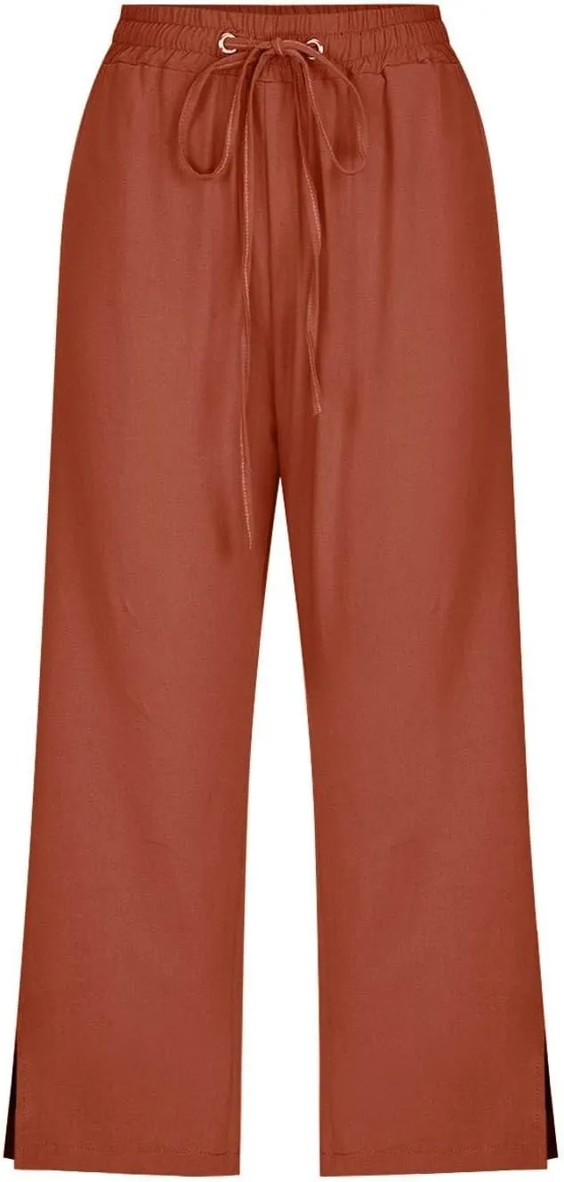 Linen Pants for Women Lightweight Capri Pants Elastic Waisted Summer Beach Vacation Cropped Trousers with Pockets