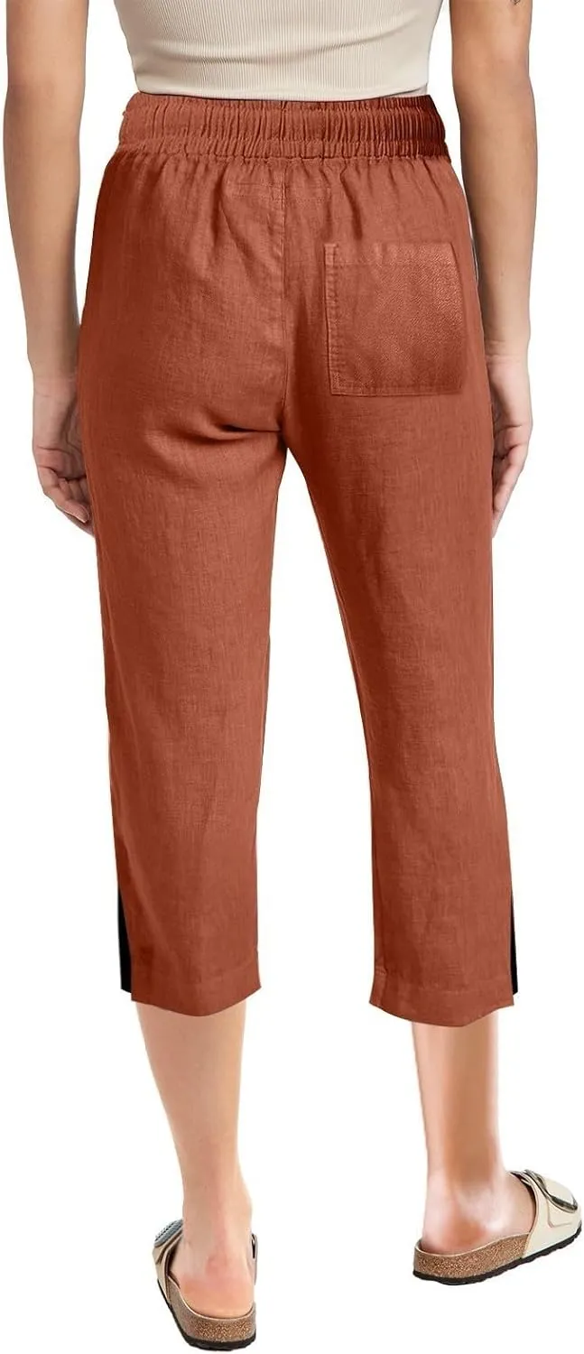 Linen Pants for Women Lightweight Capri Pants Elastic Waisted Summer Beach Vacation Cropped Trousers with Pockets