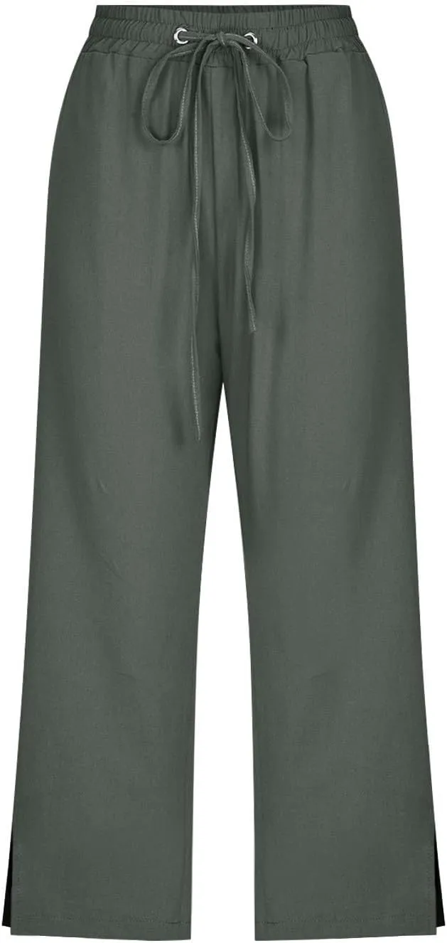 Linen Pants for Women Lightweight Capri Pants Elastic Waisted Summer Beach Vacation Cropped Trousers with Pockets