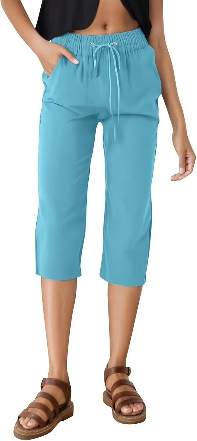 Linen Pants for Women Lightweight Capri Pants Elastic Waisted Summer Beach Vacation Cropped Trousers with Pockets