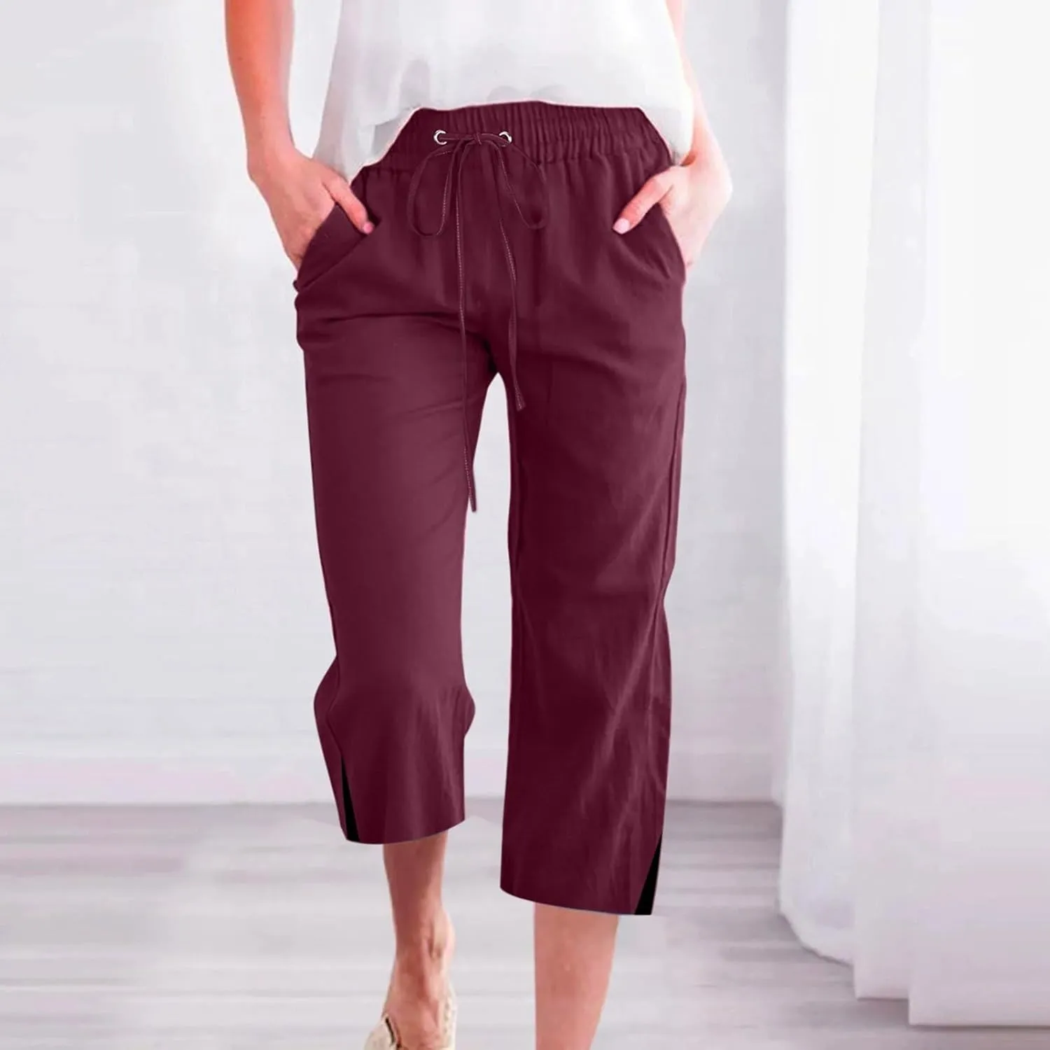 Linen Pants for Women Lightweight Capri Pants Elastic Waisted Summer Beach Vacation Cropped Trousers with Pockets