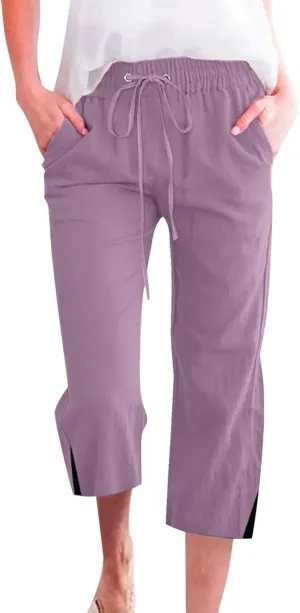 Linen Pants for Women Lightweight Capri Pants Elastic Waisted Summer Beach Vacation Cropped Trousers with Pockets
