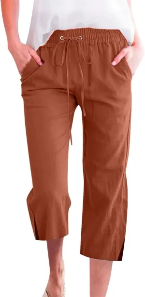 Linen Pants for Women Lightweight Capri Pants Elastic Waisted Summer Beach Vacation Cropped Trousers with Pockets
