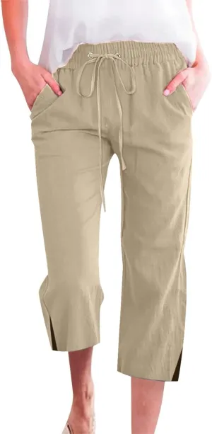 Linen Pants for Women Lightweight Capri Pants Elastic Waisted Summer Beach Vacation Cropped Trousers with Pockets