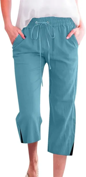 Linen Pants for Women Lightweight Capri Pants Elastic Waisted Summer Beach Vacation Cropped Trousers with Pockets