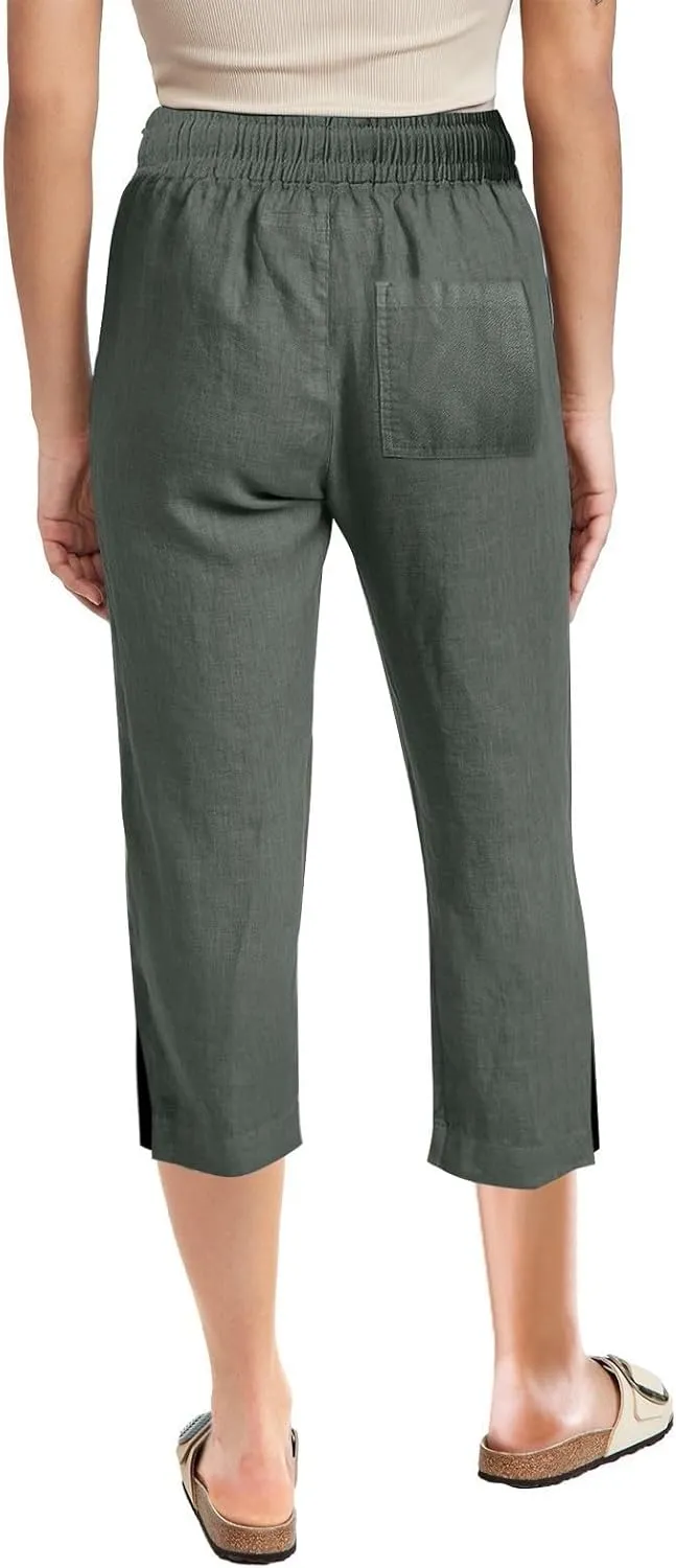 Linen Pants for Women Lightweight Capri Pants Elastic Waisted Summer Beach Vacation Cropped Trousers with Pockets