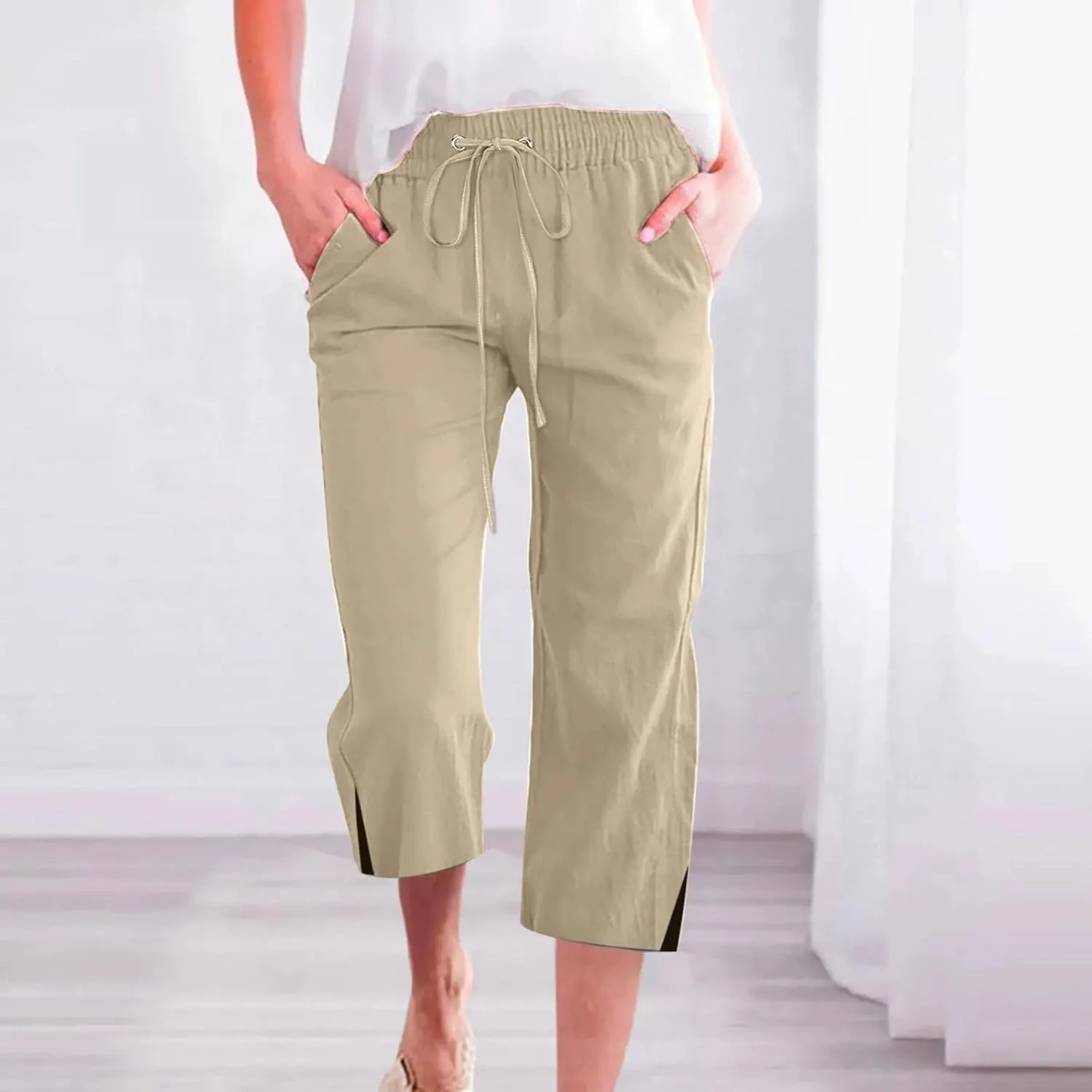 Linen Pants for Women Lightweight Capri Pants Elastic Waisted Summer Beach Vacation Cropped Trousers with Pockets
