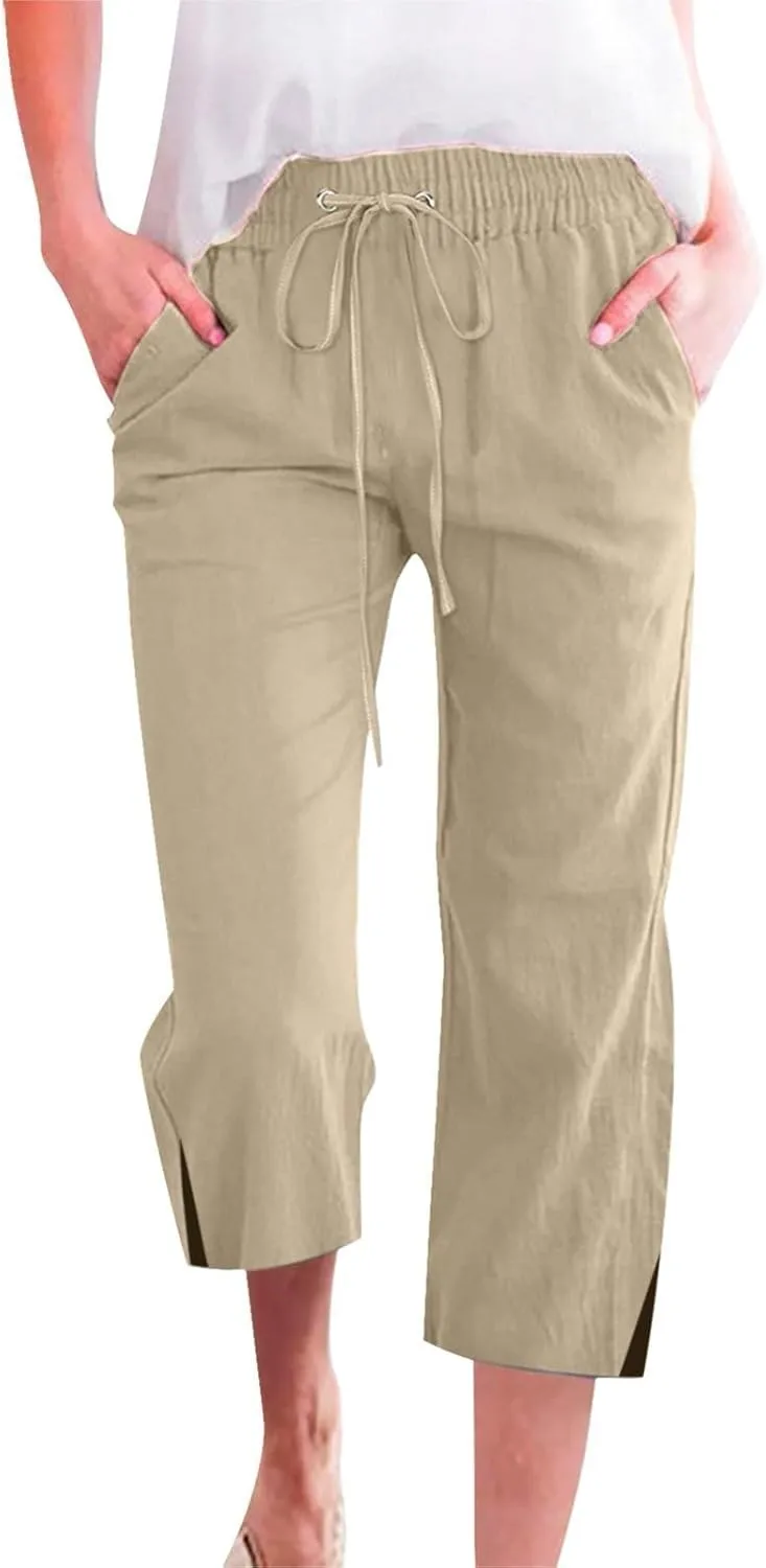 Linen Pants for Women Lightweight Capri Pants Elastic Waisted Summer Beach Vacation Cropped Trousers with Pockets