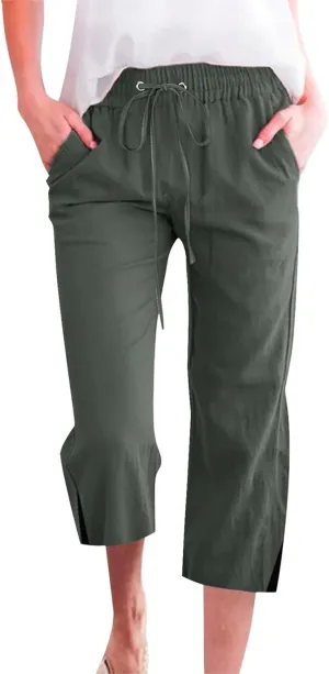 Linen Pants for Women Lightweight Capri Pants Elastic Waisted Summer Beach Vacation Cropped Trousers with Pockets