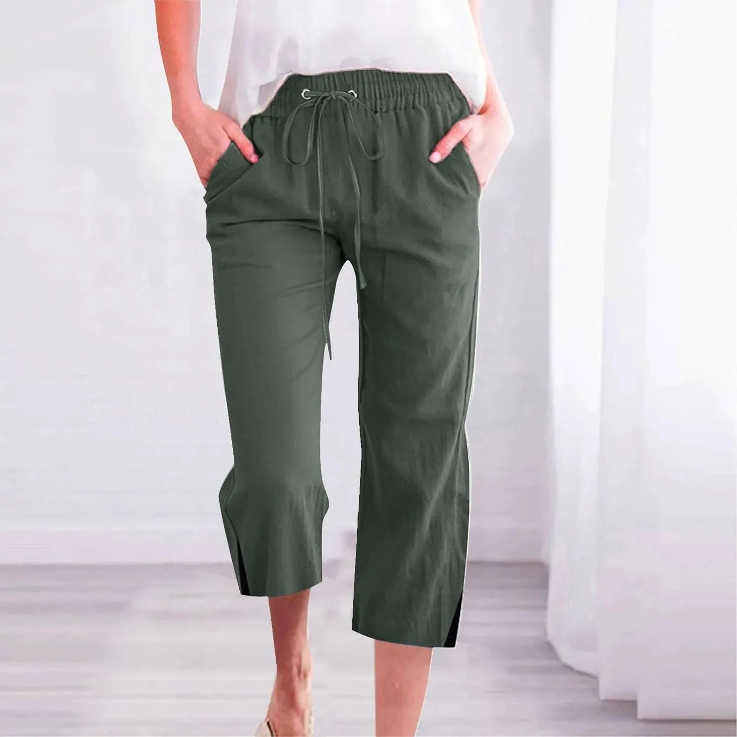 Linen Pants for Women Lightweight Capri Pants Elastic Waisted Summer Beach Vacation Cropped Trousers with Pockets