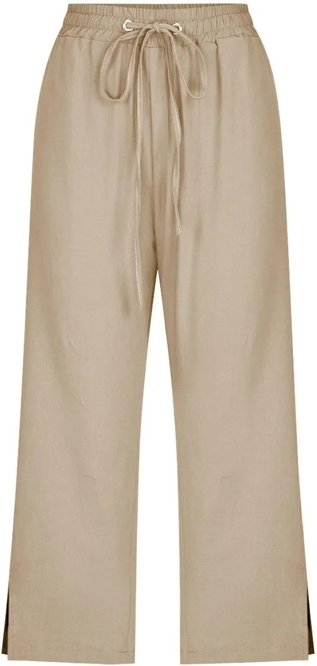 Linen Pants for Women Lightweight Capri Pants Elastic Waisted Summer Beach Vacation Cropped Trousers with Pockets