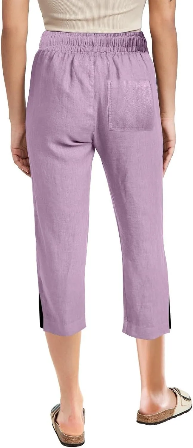Linen Pants for Women Lightweight Capri Pants Elastic Waisted Summer Beach Vacation Cropped Trousers with Pockets