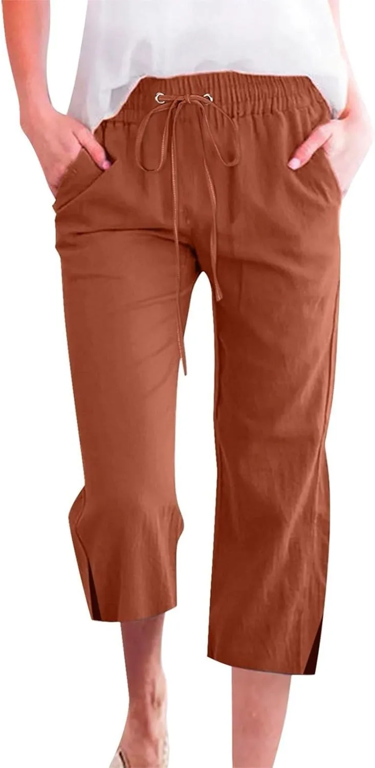 Linen Pants for Women Lightweight Capri Pants Elastic Waisted Summer Beach Vacation Cropped Trousers with Pockets