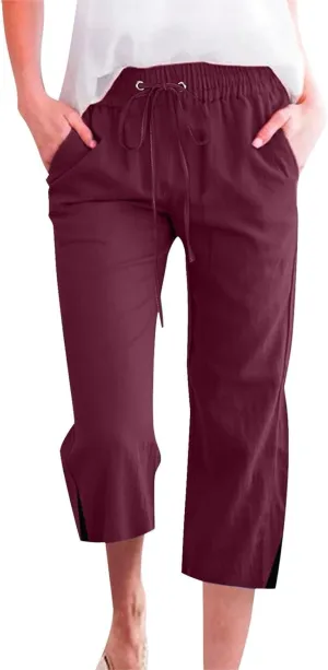 Linen Pants for Women Lightweight Capri Pants Elastic Waisted Summer Beach Vacation Cropped Trousers with Pockets