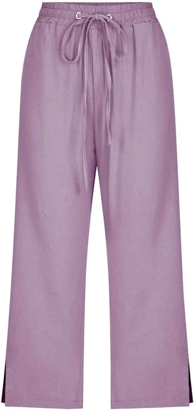 Linen Pants for Women Lightweight Capri Pants Elastic Waisted Summer Beach Vacation Cropped Trousers with Pockets