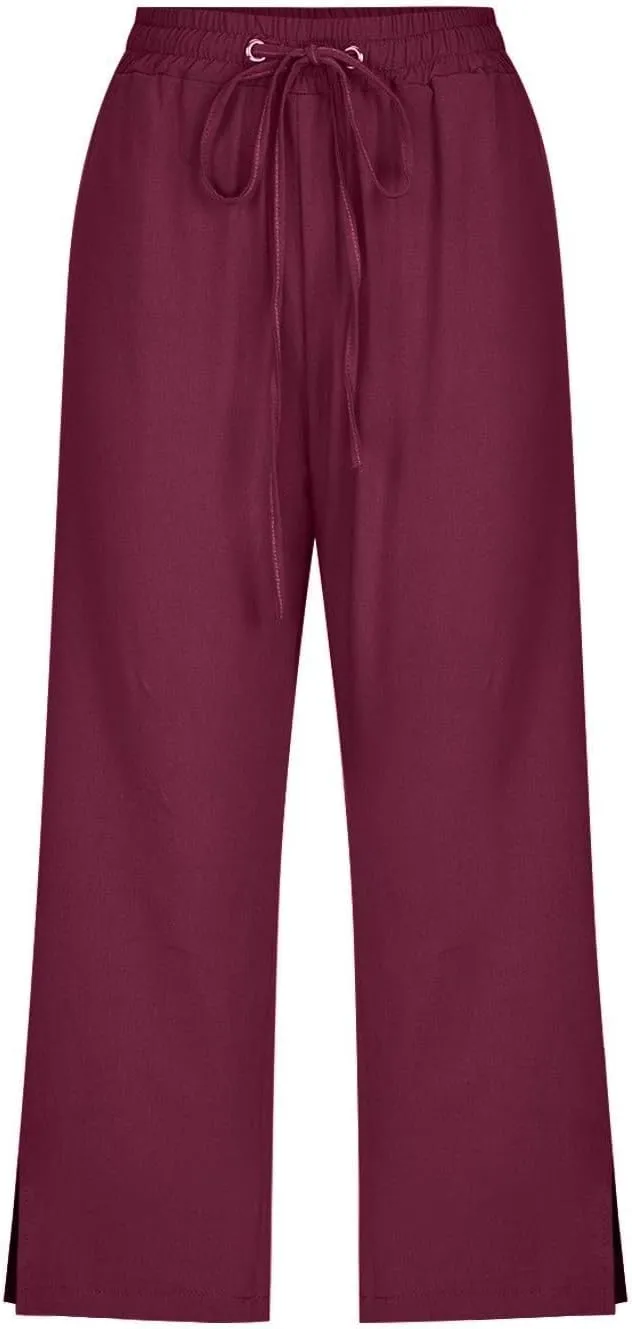 Linen Pants for Women Lightweight Capri Pants Elastic Waisted Summer Beach Vacation Cropped Trousers with Pockets