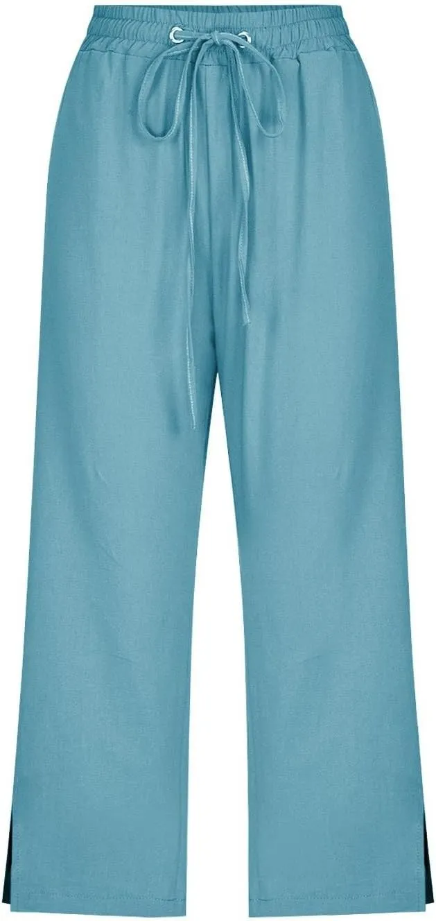 Linen Pants for Women Lightweight Capri Pants Elastic Waisted Summer Beach Vacation Cropped Trousers with Pockets