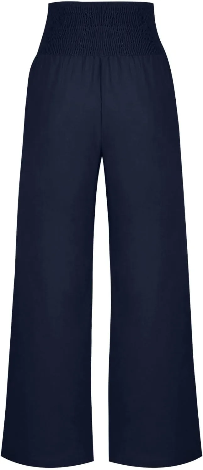 Linen Pants for Women Summer 2025 Casual Drawstring Elastic Waist Long Slacks Wide Leg Pant Lounge Trouser with Pocket
