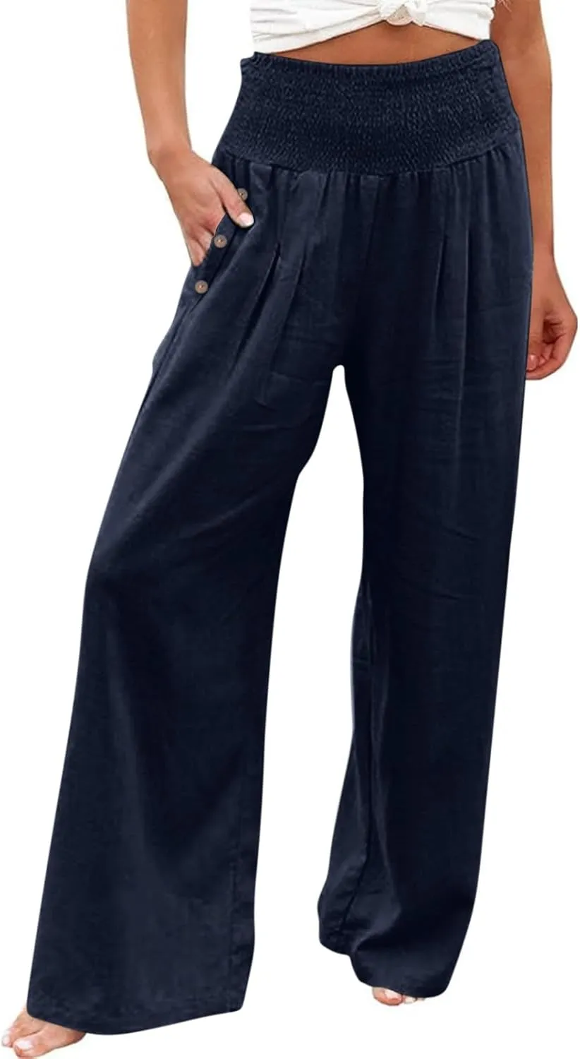 Linen Pants for Women Summer 2025 Casual Drawstring Elastic Waist Long Slacks Wide Leg Pant Lounge Trouser with Pocket