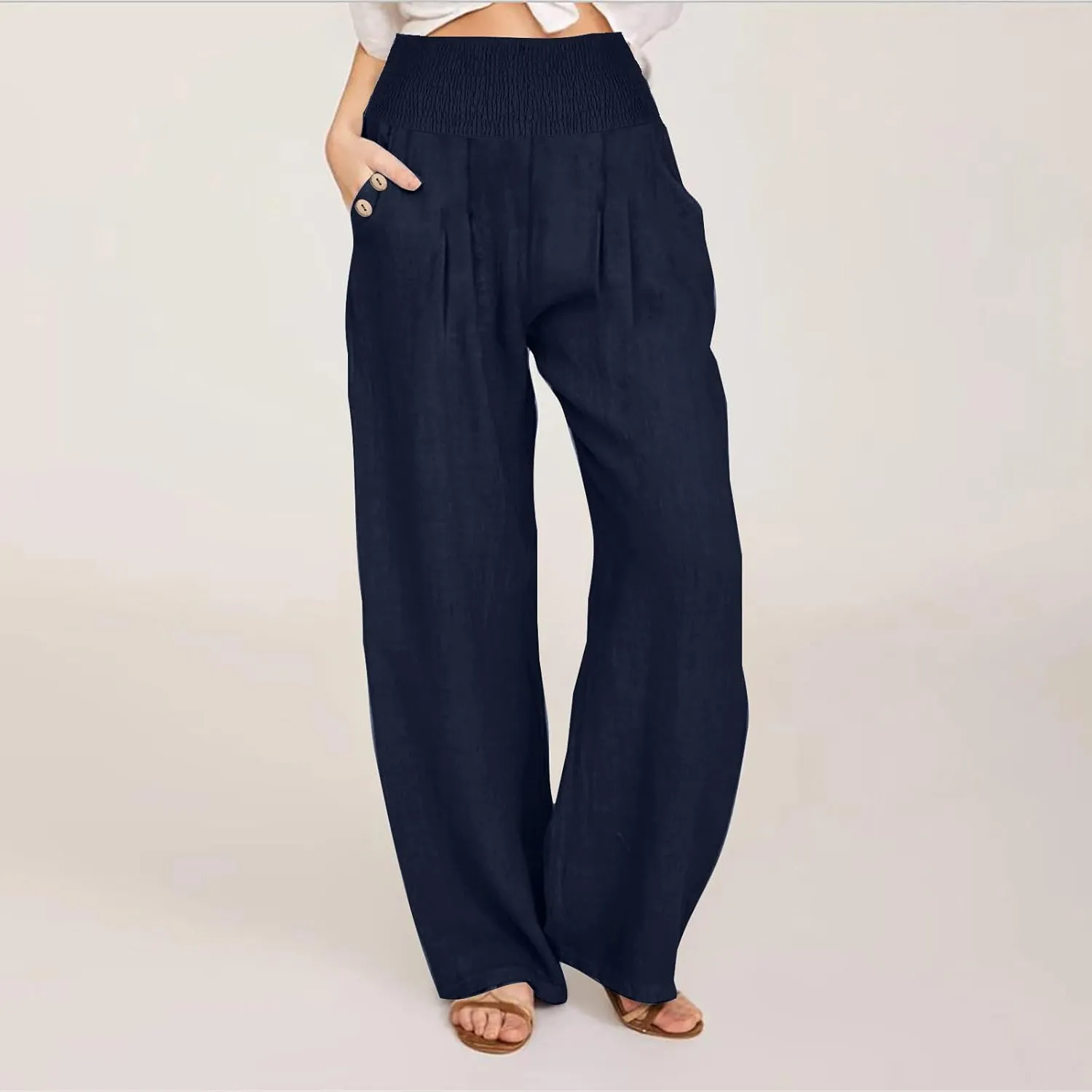 Linen Pants for Women Summer 2025 Casual Drawstring Elastic Waist Long Slacks Wide Leg Pant Lounge Trouser with Pocket