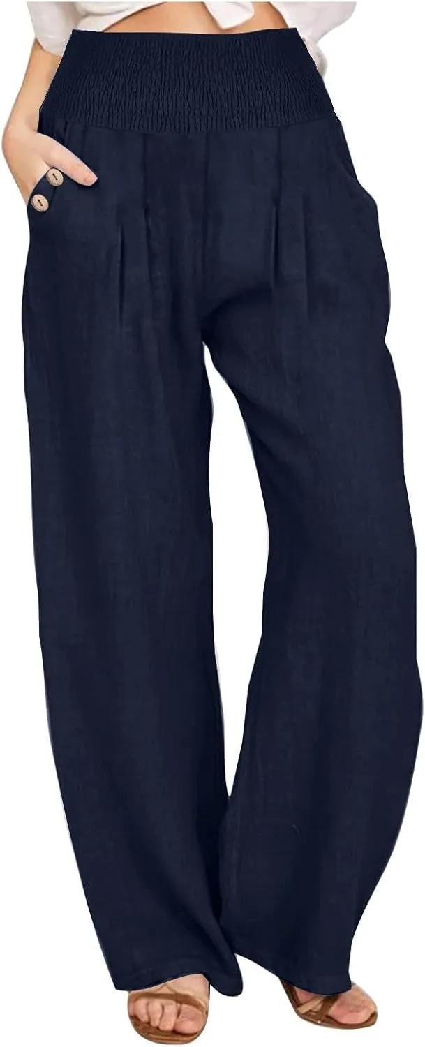 Linen Pants for Women Summer 2025 Casual Drawstring Elastic Waist Long Slacks Wide Leg Pant Lounge Trouser with Pocket