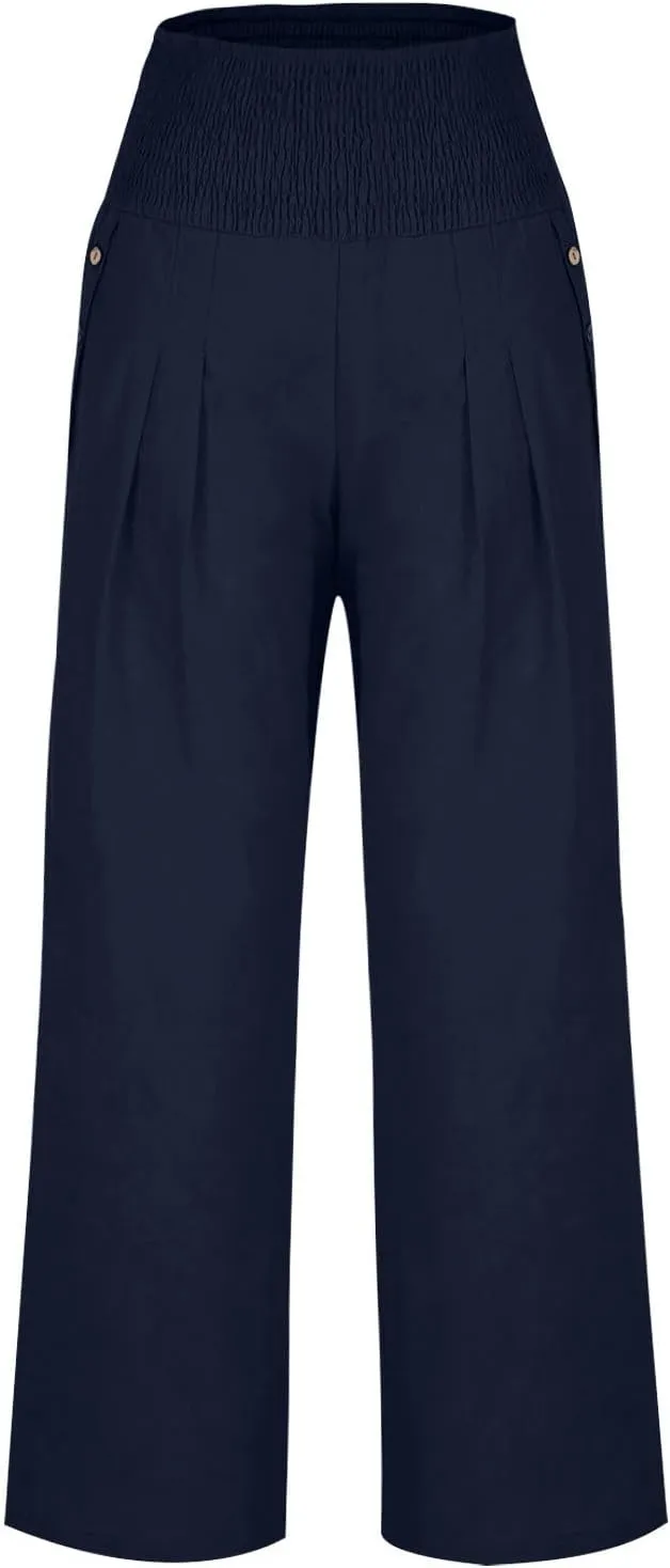 Linen Pants for Women Summer 2025 Casual Drawstring Elastic Waist Long Slacks Wide Leg Pant Lounge Trouser with Pocket