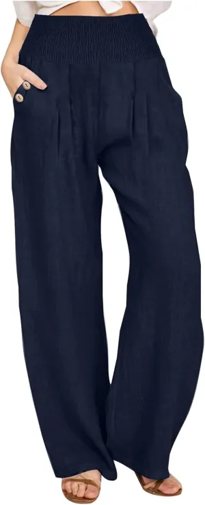 Linen Pants for Women Summer 2025 Casual Drawstring Elastic Waist Long Slacks Wide Leg Pant Lounge Trouser with Pocket