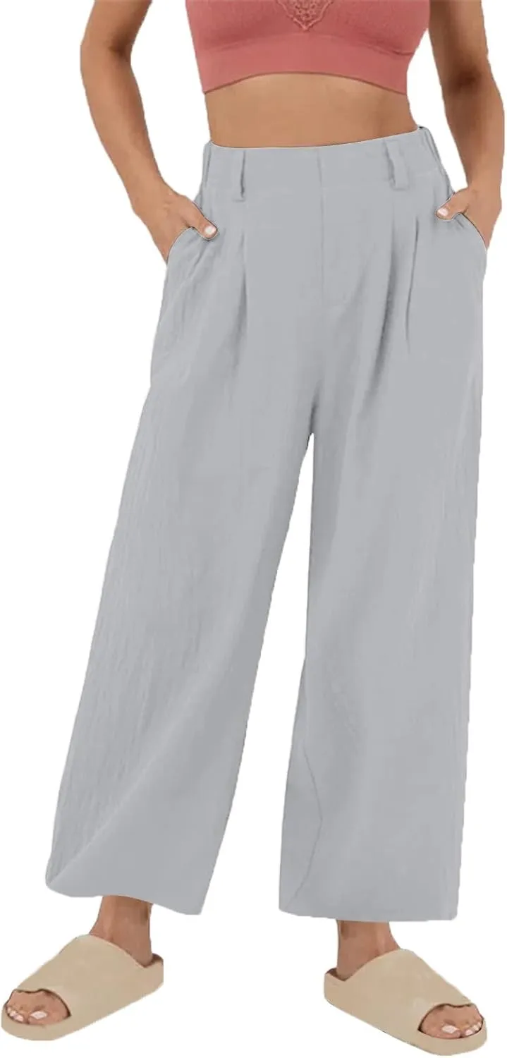 Linen Pants for Women Summer Trendy Loose Fit Wide Leg Pants Fashion High Waisted Straight Leg Trousers with Pockets