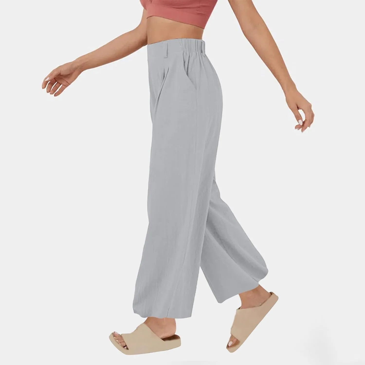 Linen Pants for Women Summer Trendy Loose Fit Wide Leg Pants Fashion High Waisted Straight Leg Trousers with Pockets
